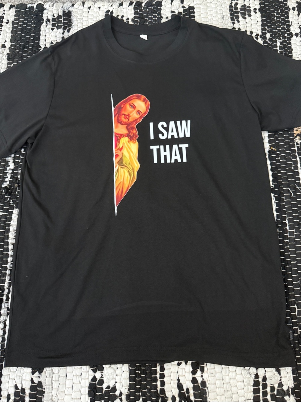 Black Graphic Tee "I Saw That" with Jesus Peeking